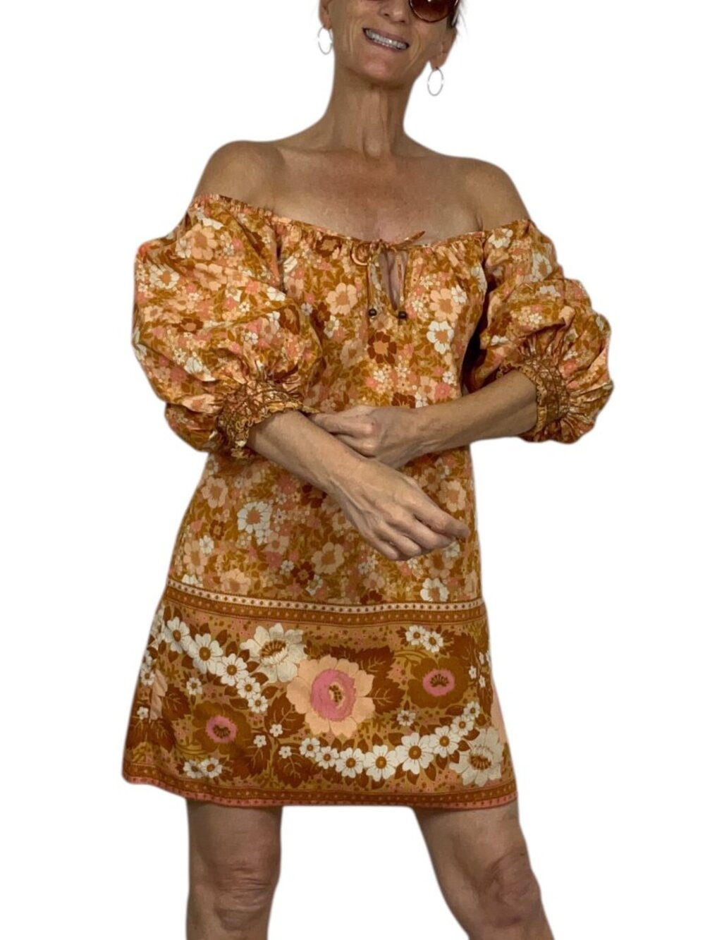 Spell and The Gypsy Anne Tunic Dress M Tan Floral Mini Off The Shoulder - Picture 5 of 16